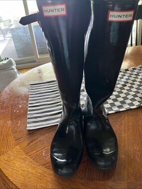 Hunter Black Gloss Knee-High Rain Boots with Logo